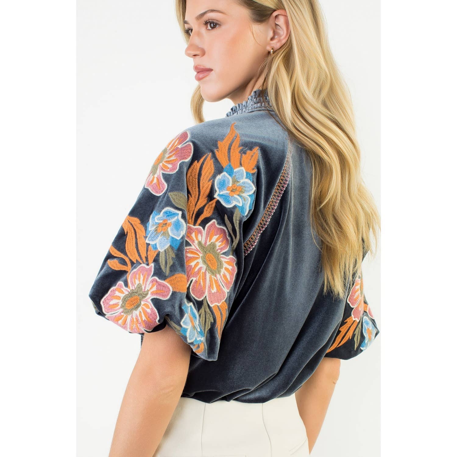 Floral Embroidered Puff Sleeve Velvet Top - Charcoal - KJ Clothier