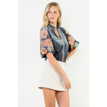 Floral Embroidered Puff Sleeve Velvet Top - Charcoal - KJ Clothier