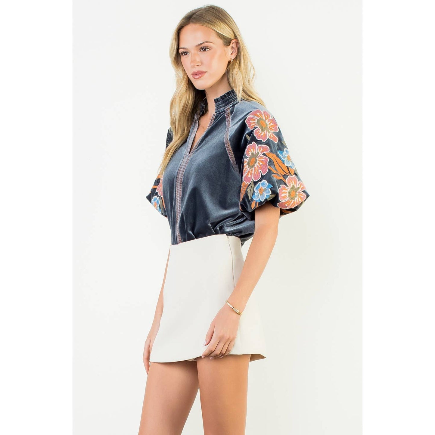 Floral Embroidered Puff Sleeve Velvet Top - Charcoal - KJ Clothier