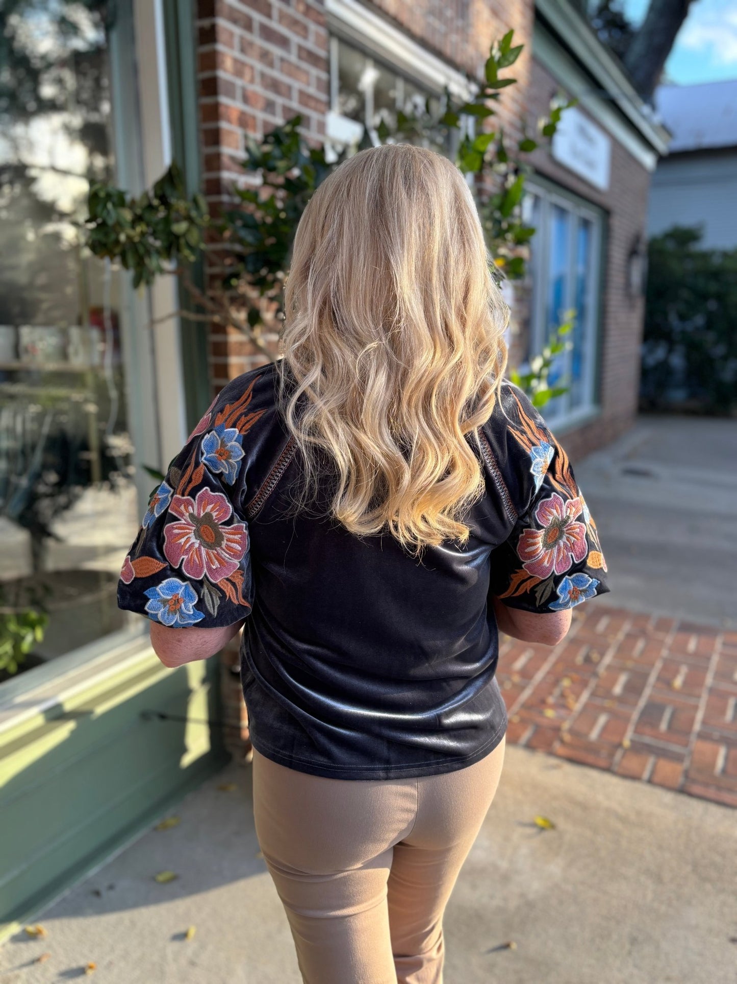 Floral Embroidered Puff Sleeve Velvet Top - Charcoal - KJ Clothier