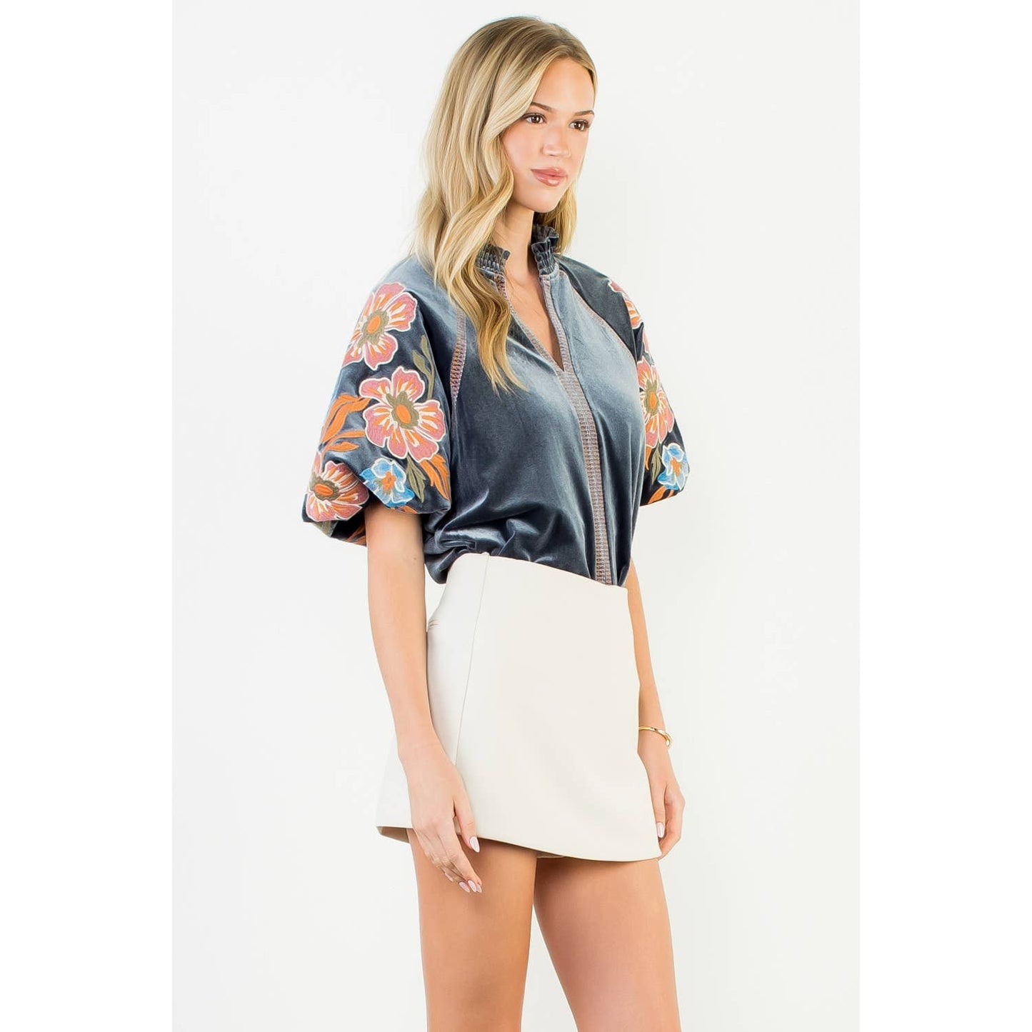 Floral Embroidered Puff Sleeve Velvet Top - Charcoal - KJ Clothier