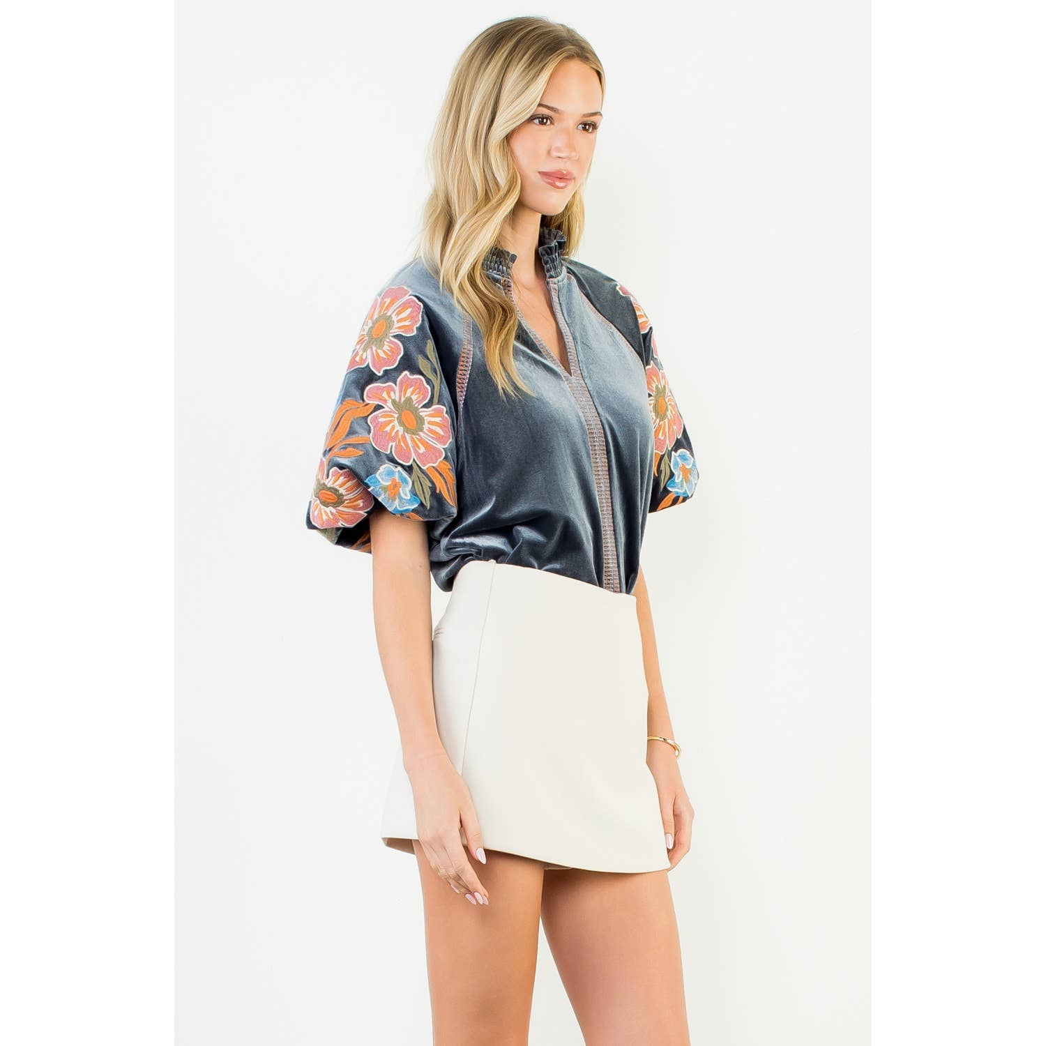 Floral Embroidered Puff Sleeve Velvet Top - Charcoal - KJ Clothier
