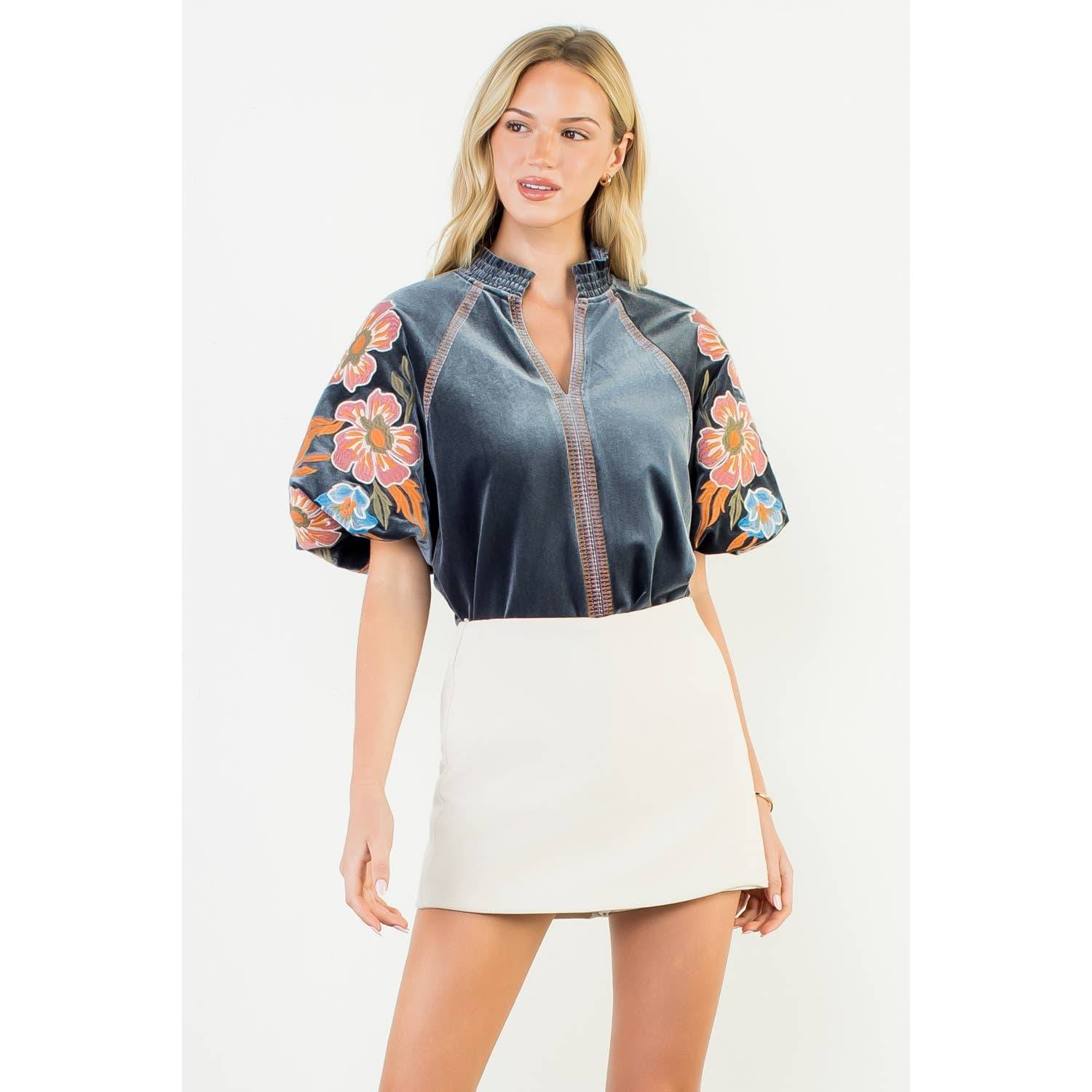 Floral Embroidered Puff Sleeve Velvet Top - Charcoal - KJ Clothier