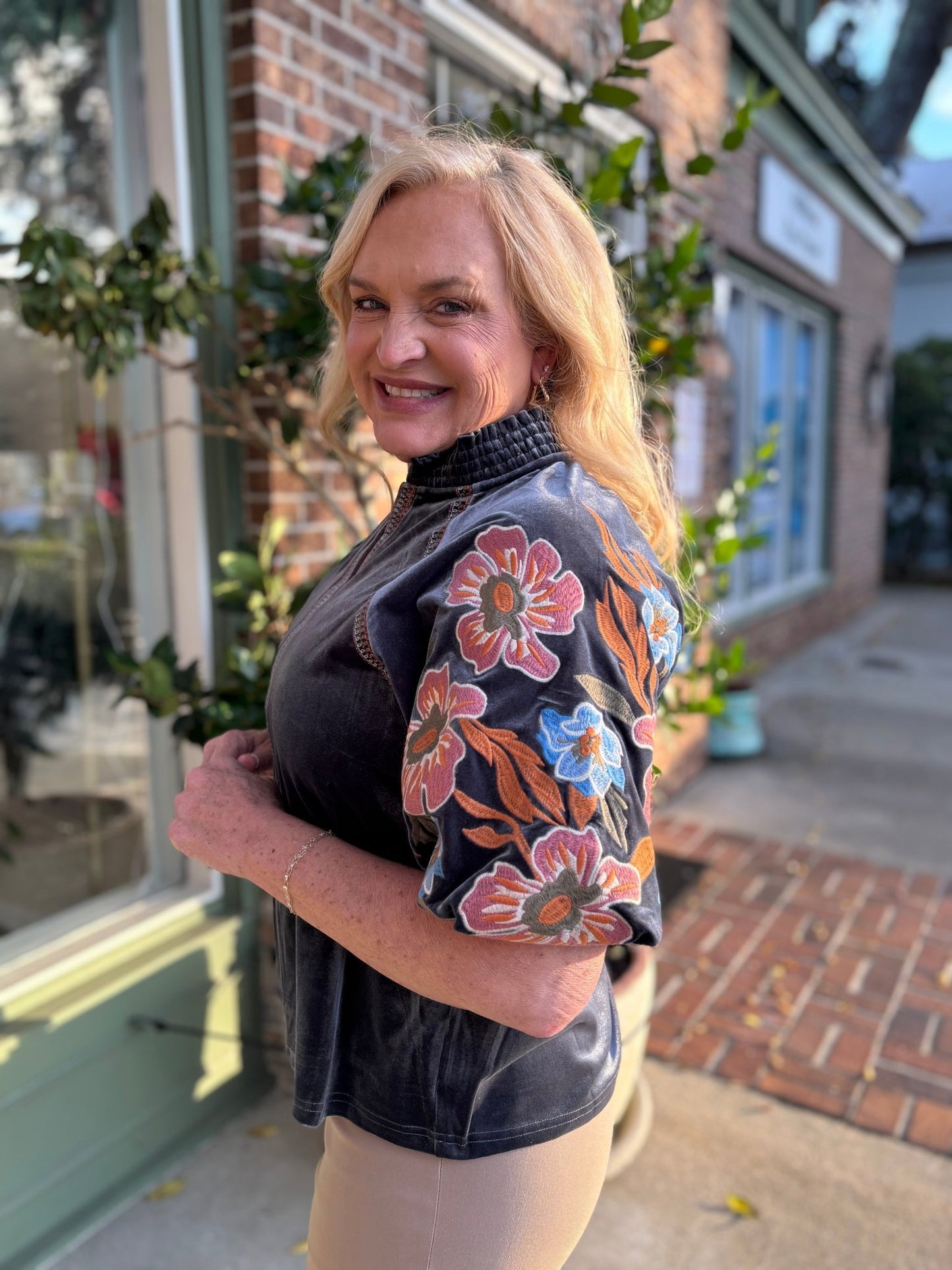 Floral Embroidered Puff Sleeve Velvet Top - Charcoal - KJ Clothier