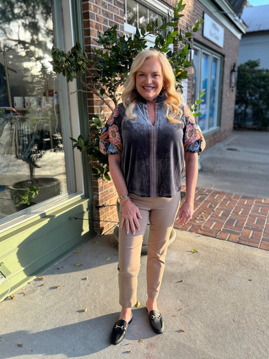 Floral Embroidered Puff Sleeve Velvet Top - Charcoal - KJ Clothier