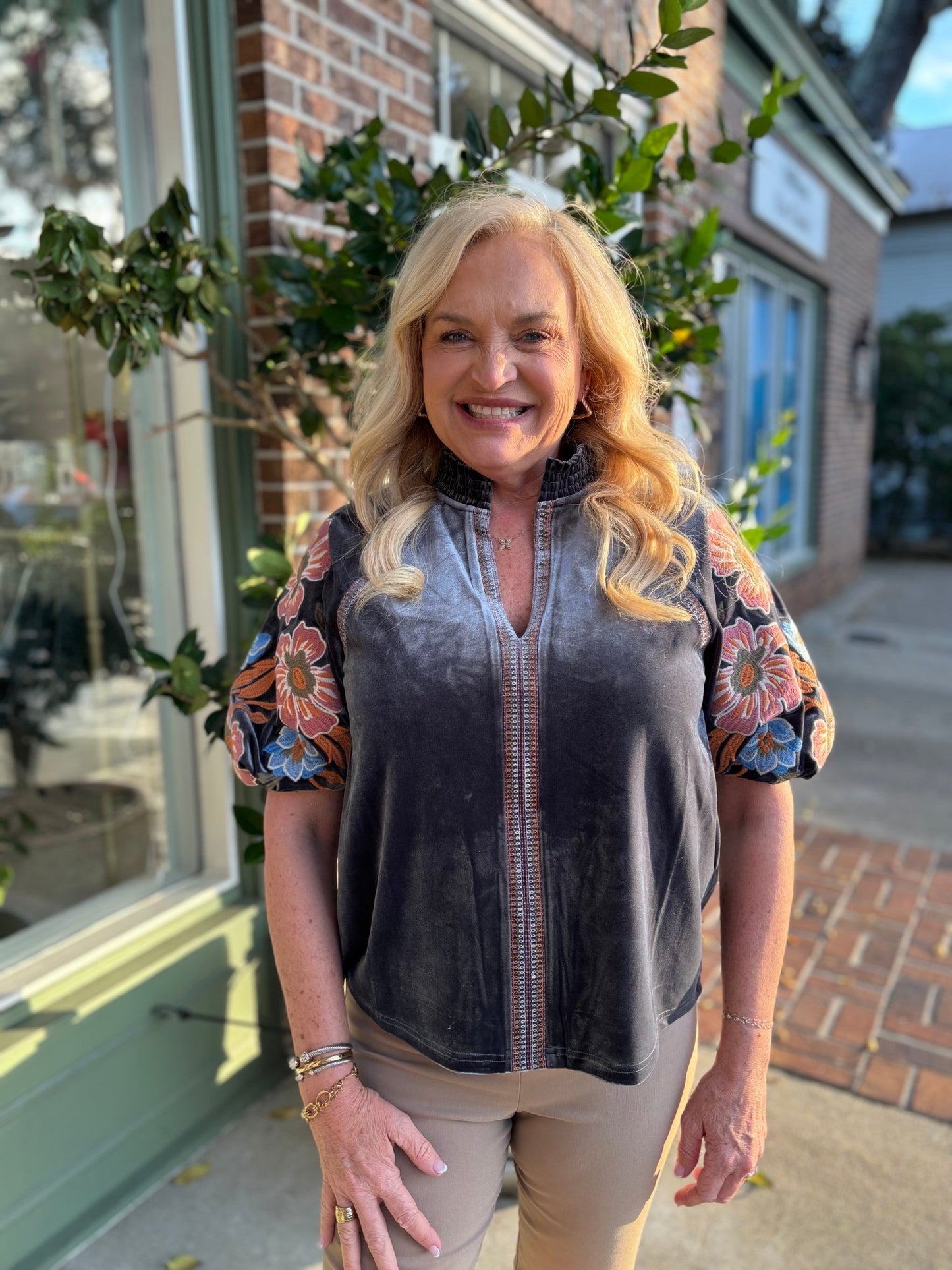 Floral Embroidered Puff Sleeve Velvet Top - Charcoal - KJ Clothier