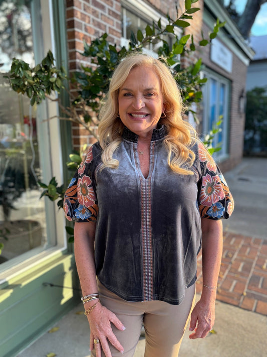 Floral Embroidered Puff Sleeve Velvet Top - Charcoal - KJ Clothier
