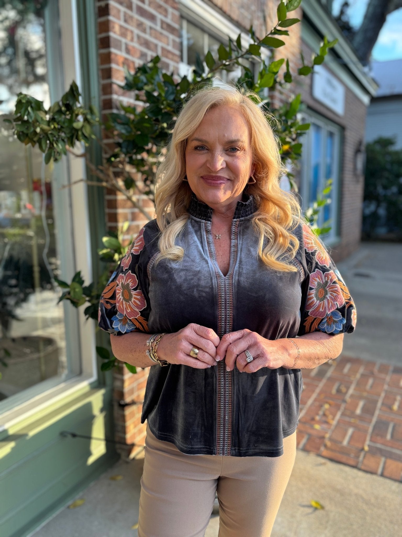 Floral Embroidered Puff Sleeve Velvet Top - Charcoal - KJ Clothier