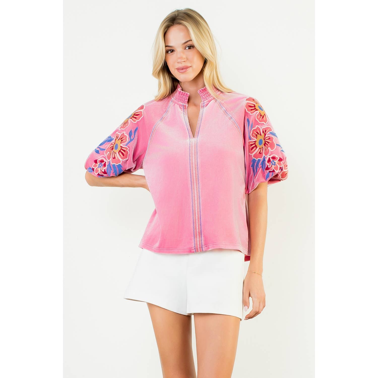 Floral Embroiderey Puff Sleeve Velvet Top - Pink - KJ Clothier