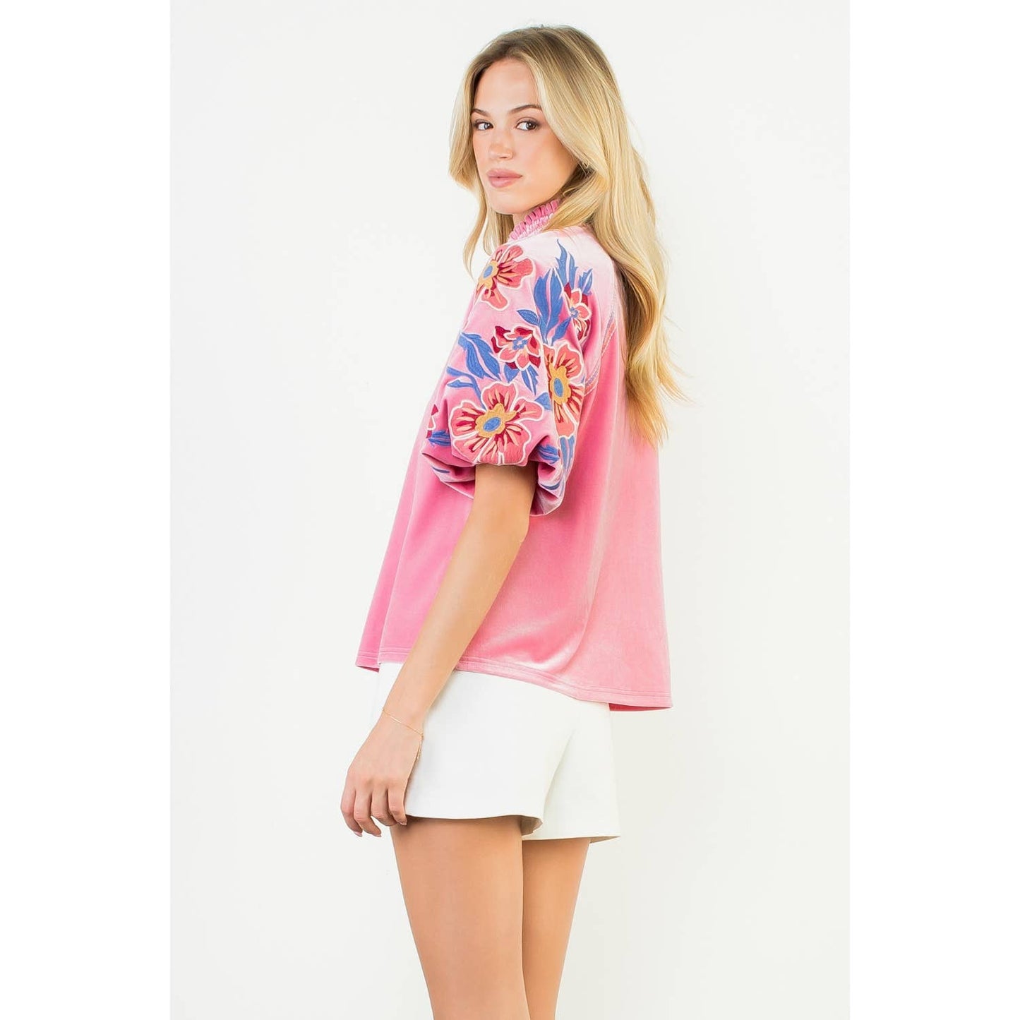 Floral Embroiderey Puff Sleeve Velvet Top - Pink - KJ Clothier