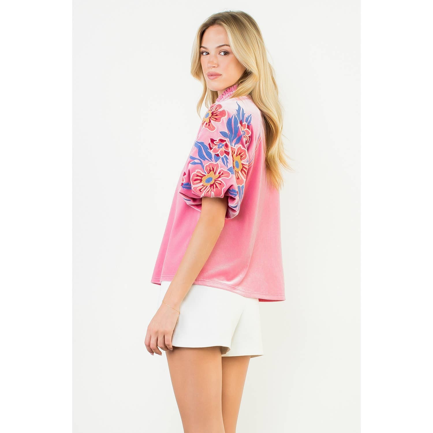 Floral Embroiderey Puff Sleeve Velvet Top - Pink - KJ Clothier