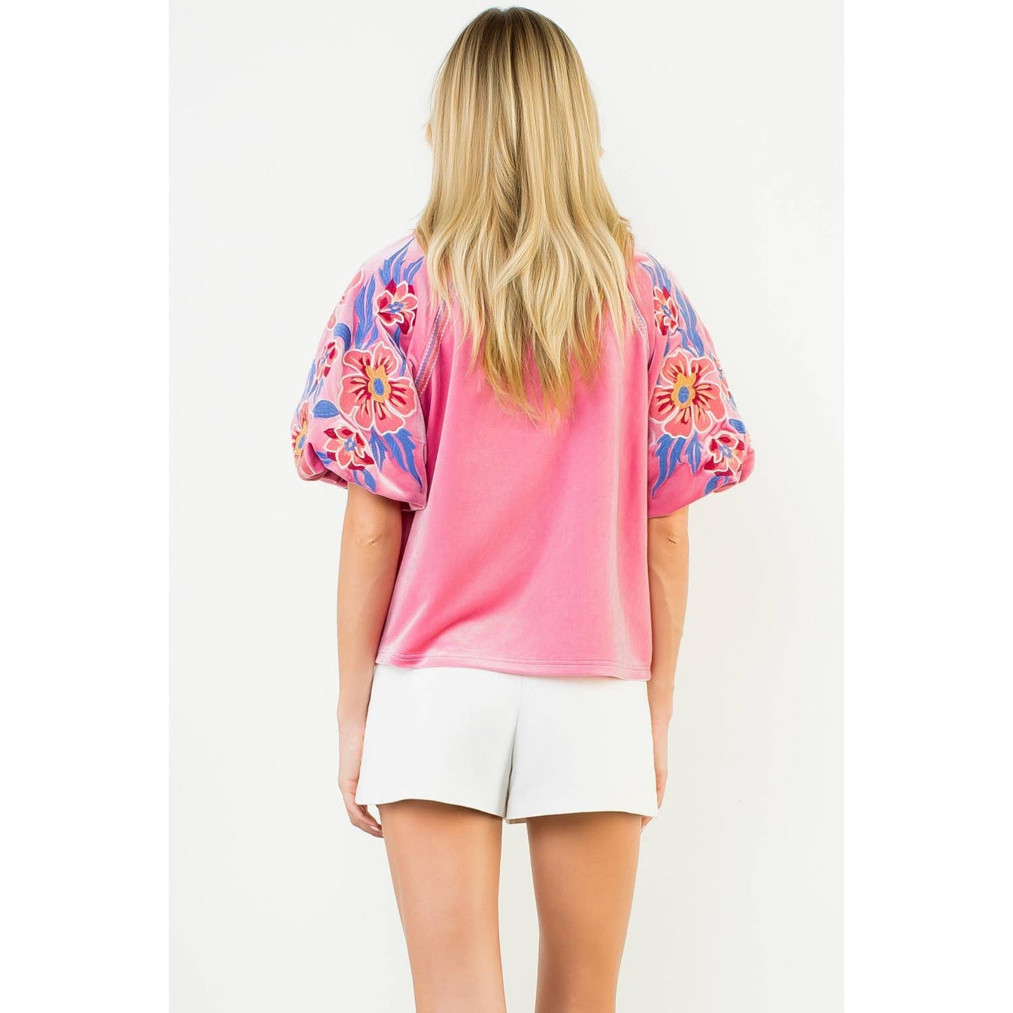 Floral Embroiderey Puff Sleeve Velvet Top - Pink - KJ Clothier