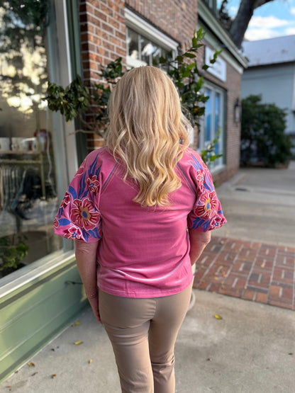 Floral Embroiderey Puff Sleeve Velvet Top - Pink - KJ Clothier