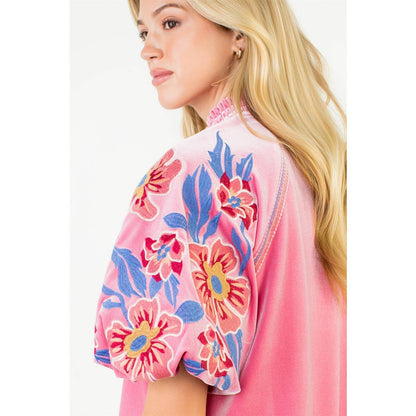 Floral Embroiderey Puff Sleeve Velvet Top - Pink - KJ Clothier