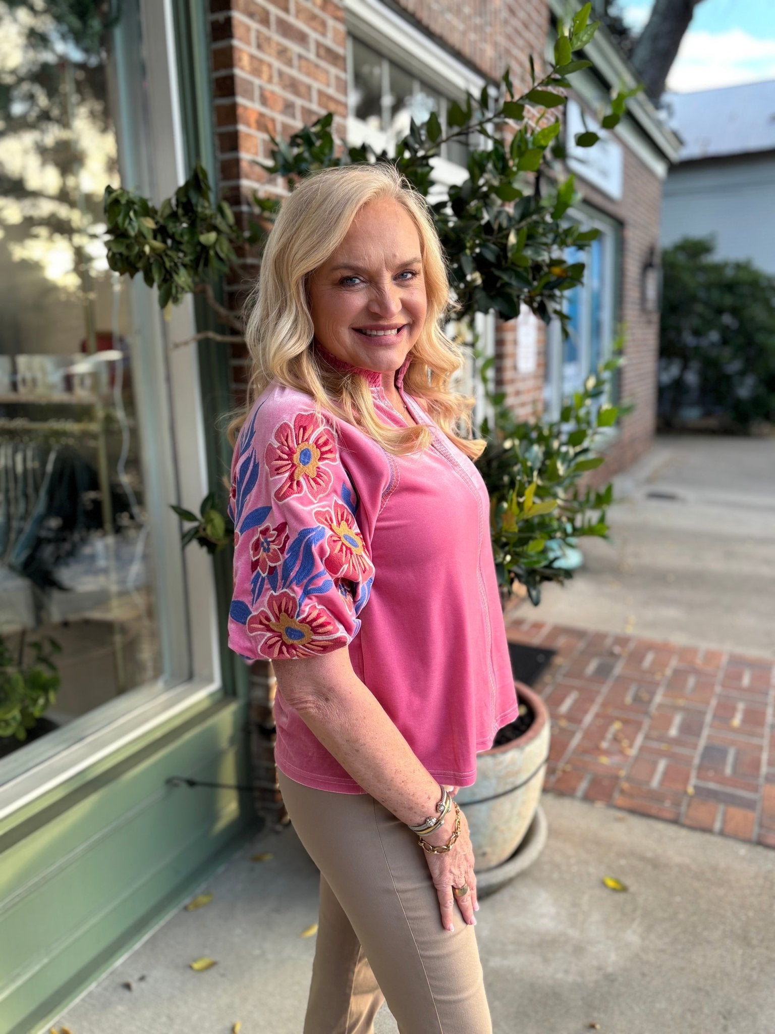 Floral Embroiderey Puff Sleeve Velvet Top - Pink - KJ Clothier