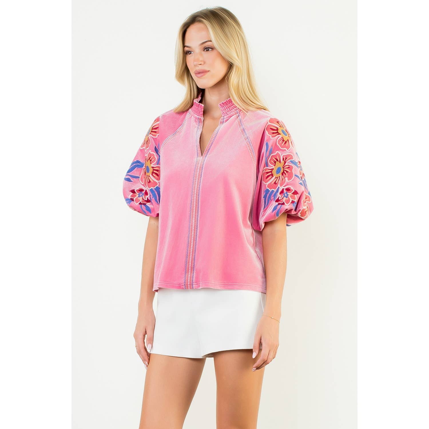 Floral Embroiderey Puff Sleeve Velvet Top - Pink - KJ Clothier