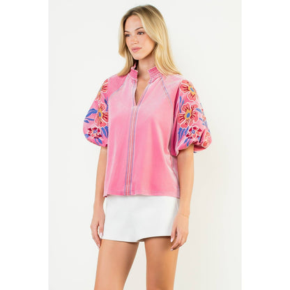 Floral Embroiderey Puff Sleeve Velvet Top - Pink - KJ Clothier