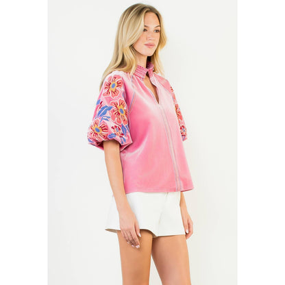 Floral Embroiderey Puff Sleeve Velvet Top - Pink - KJ Clothier