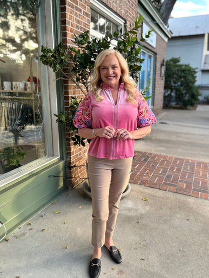 Floral Embroiderey Puff Sleeve Velvet Top - Pink - KJ Clothier