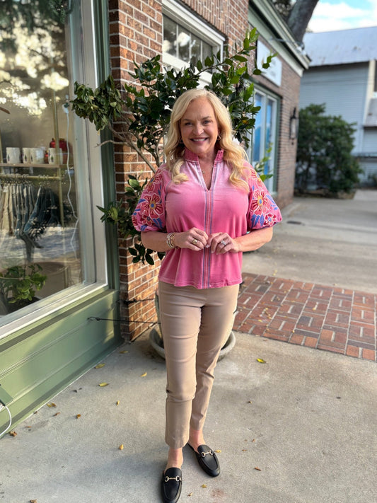 Floral Embroiderey Puff Sleeve Velvet Top - Pink - KJ Clothier