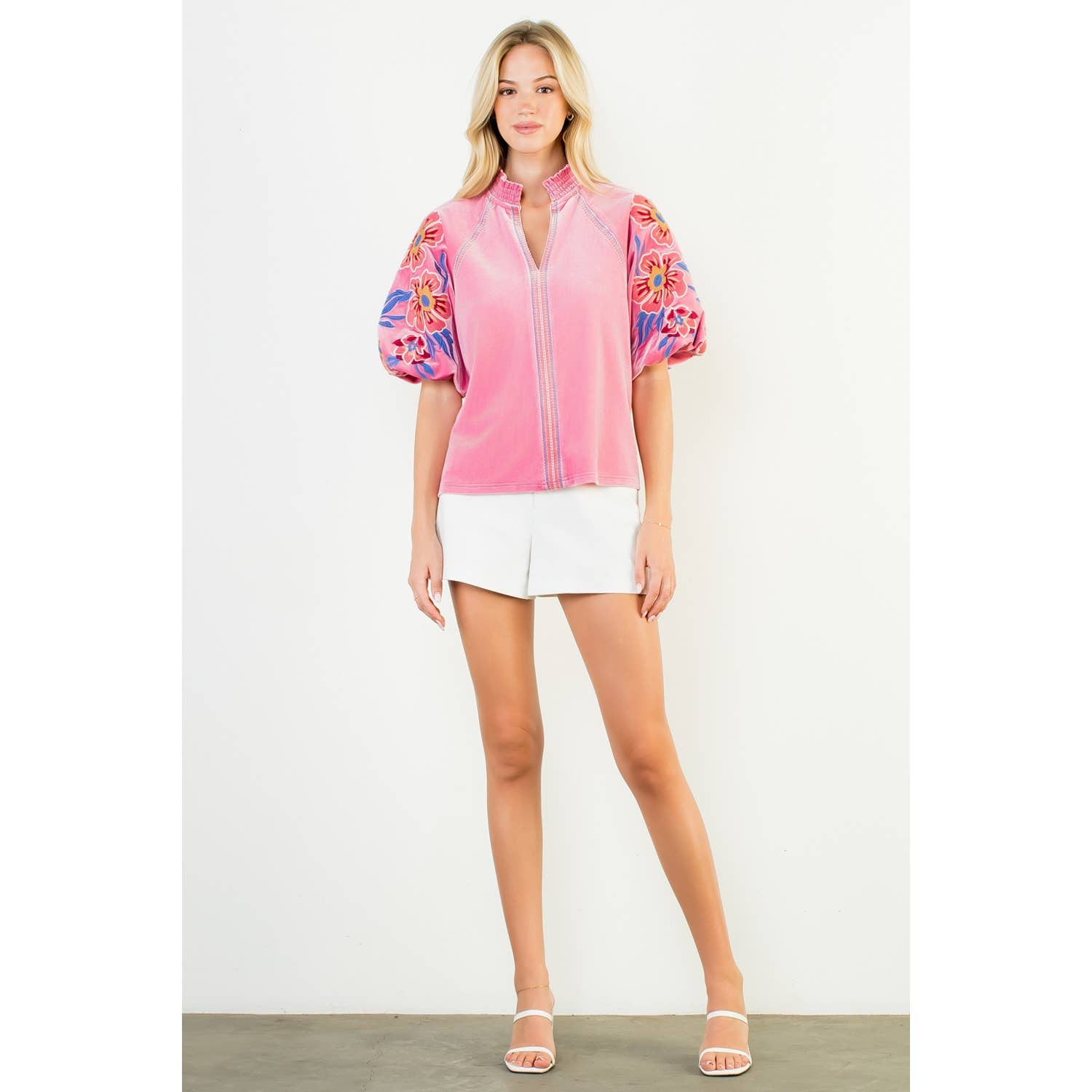 Floral Embroiderey Puff Sleeve Velvet Top - Pink - KJ Clothier