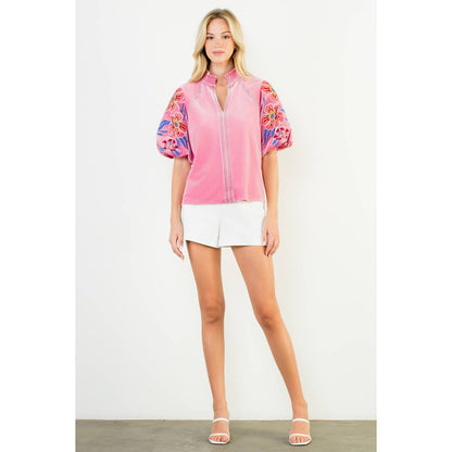 Floral Embroiderey Puff Sleeve Velvet Top - Pink - KJ Clothier
