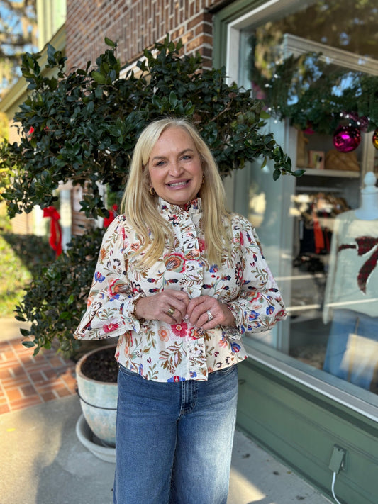 Floral Fields Top - Ivory - KJ Clothier