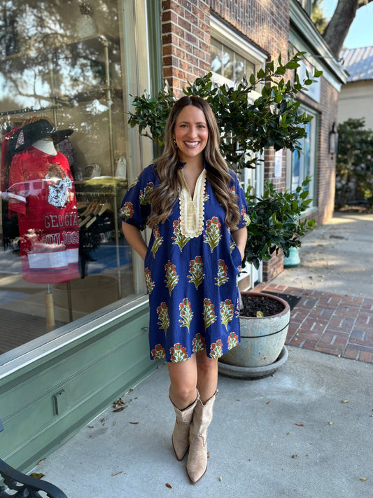 Floral Print V - Neck Striped Detail Dress - Navy - KJ Clothier