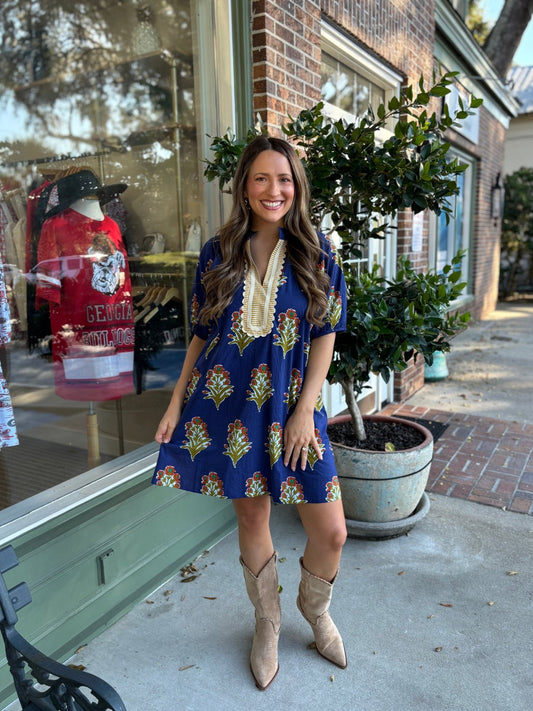 Floral Print V - Neck Striped Detail Dress - Navy - KJ Clothier