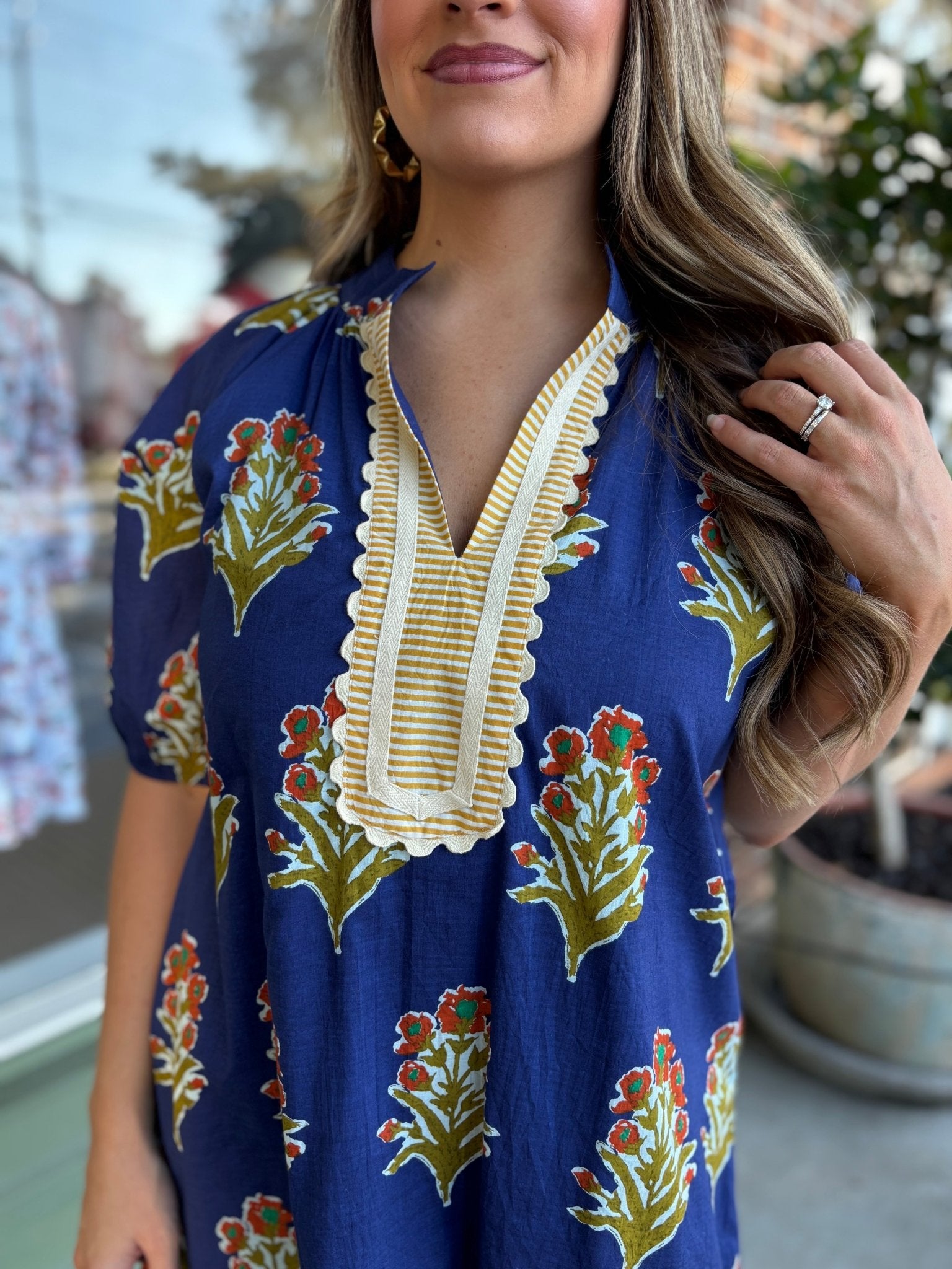 Floral Print V - Neck Striped Detail Dress - Navy - KJ Clothier