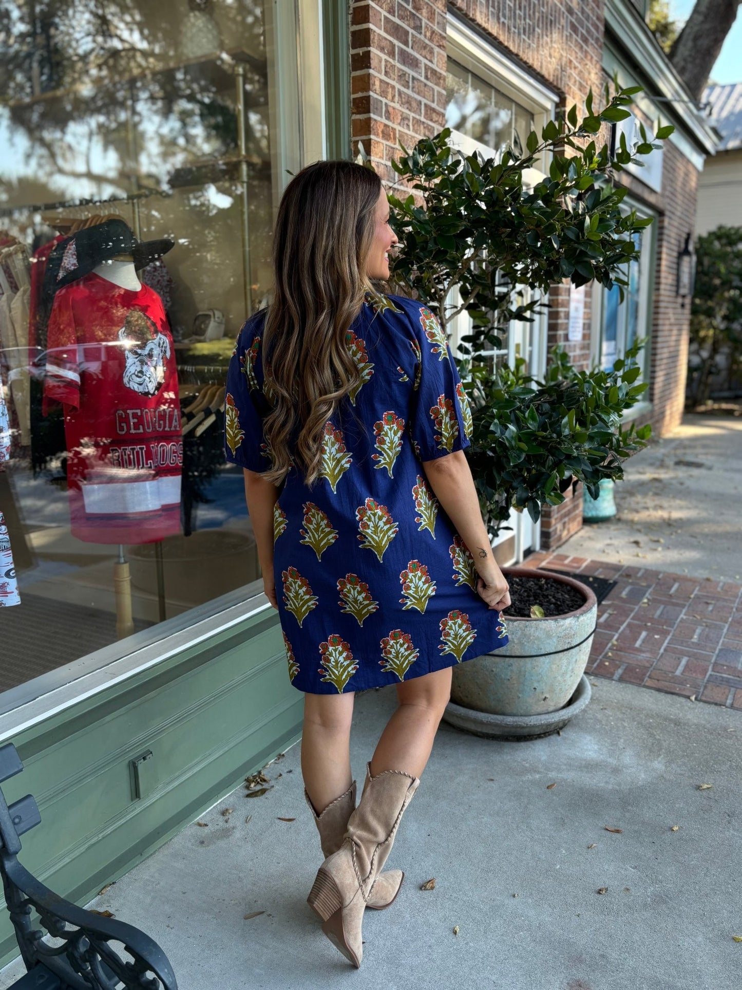 Floral Print V - Neck Striped Detail Dress - Navy - KJ Clothier