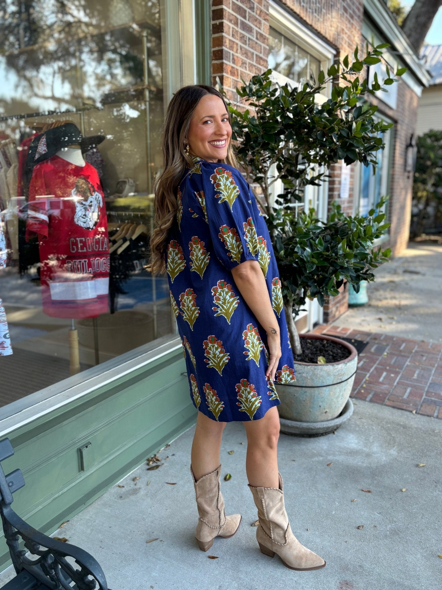 Floral Print V - Neck Striped Detail Dress - Navy - KJ Clothier