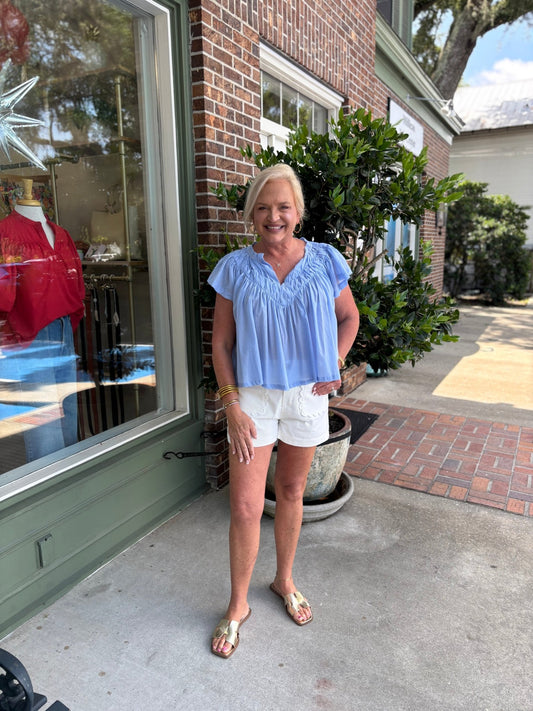 Flutter Sleeve Blouse - Baby Blue - KJ Clothier