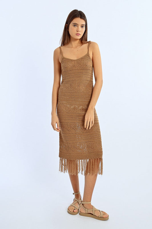 Fringed Crochet Dress - Brown
