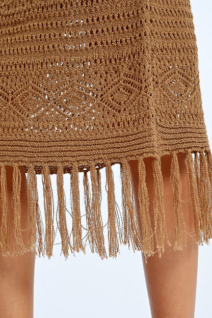 Fringed Crochet Dress - Brown