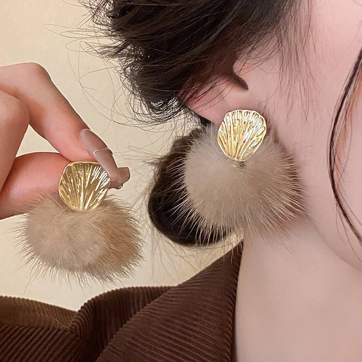 Fur Ball Earrings - Taupe - KJ Clothier