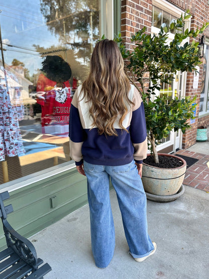 Glo Color Block Pullover - Navy & Tan - KJ Clothier