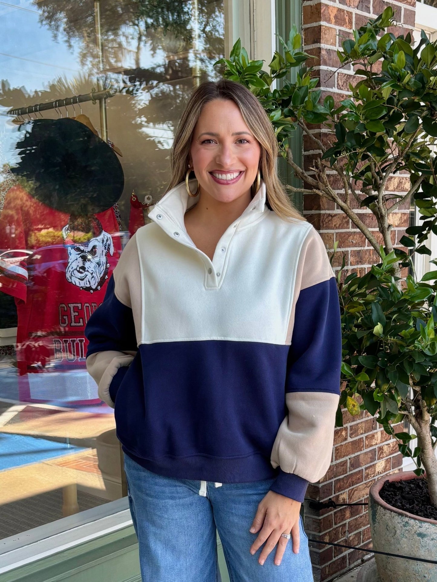 Glo Color Block Pullover - Navy & Tan - KJ Clothier