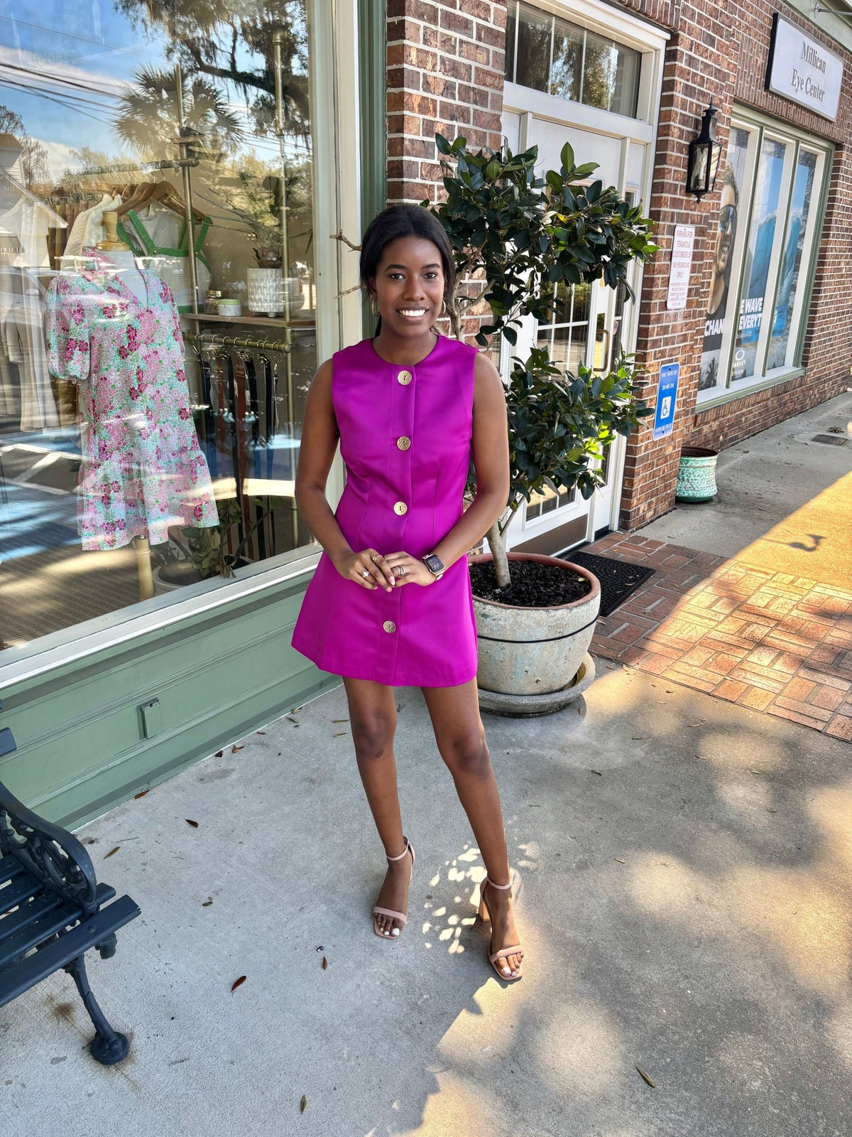 Gold Button Detail Sleeveless Mini Dress - Magenta - KJ Clothier