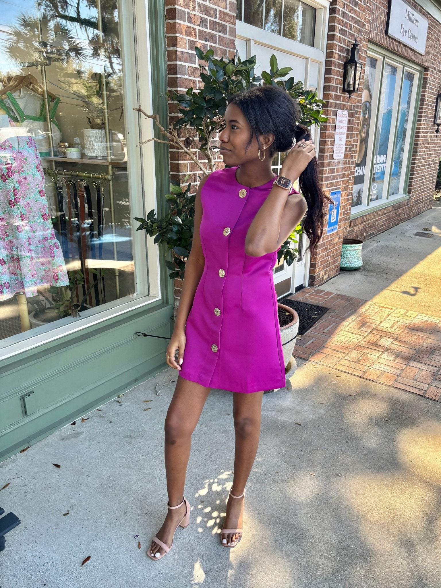 Gold Button Detail Sleeveless Mini Dress - Magenta - KJ Clothier