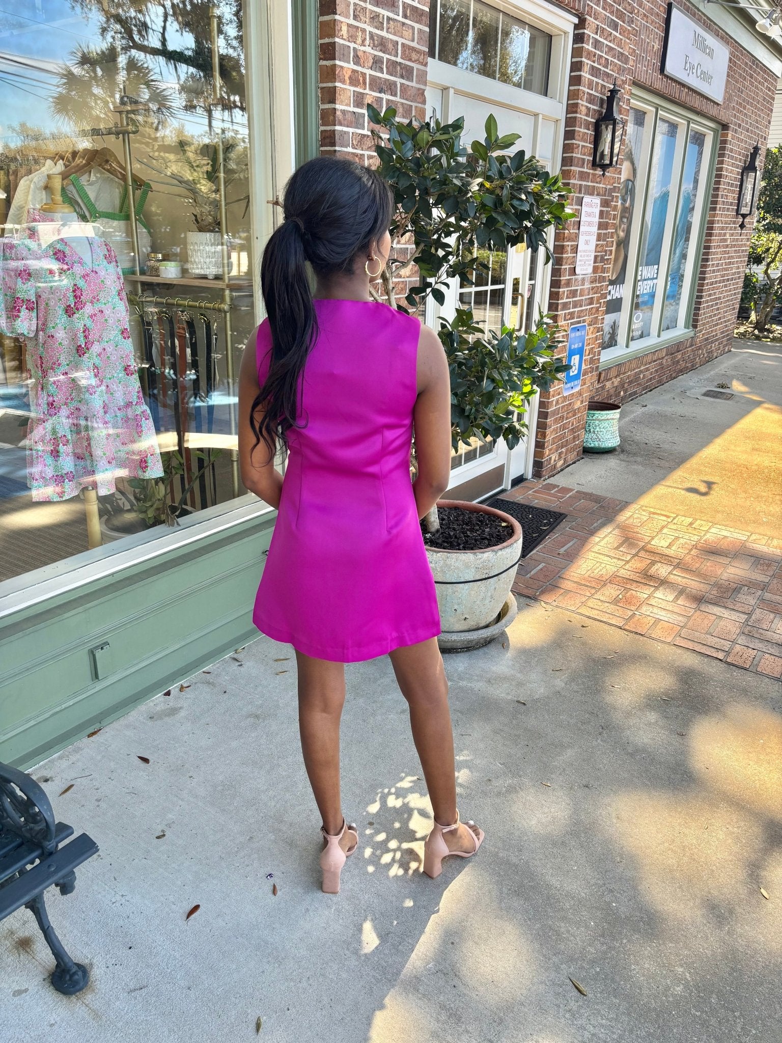 Gold Button Detail Sleeveless Mini Dress - Magenta - KJ Clothier