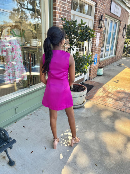 Gold Button Detail Sleeveless Mini Dress - Magenta - KJ Clothier