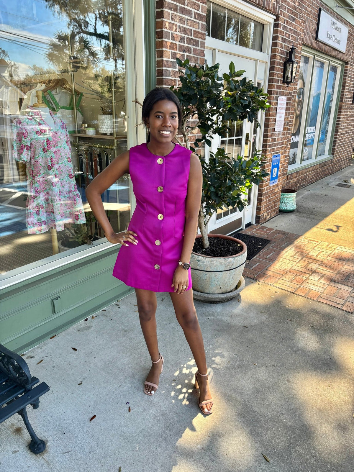 Gold Button Detail Sleeveless Mini Dress - Magenta - KJ Clothier