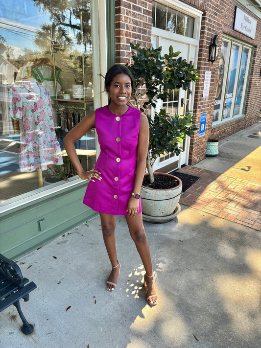 Gold Button Detail Sleeveless Mini Dress - Magenta - KJ Clothier