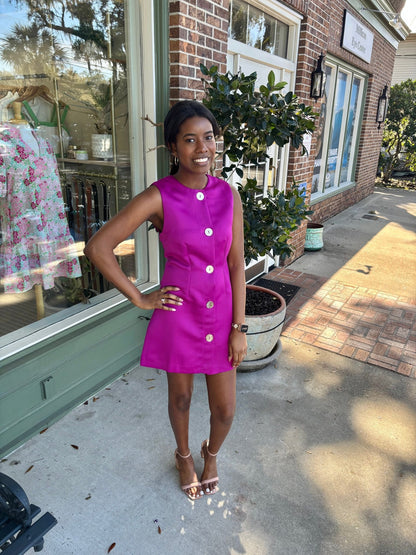 Gold Button Detail Sleeveless Mini Dress - Magenta - KJ Clothier