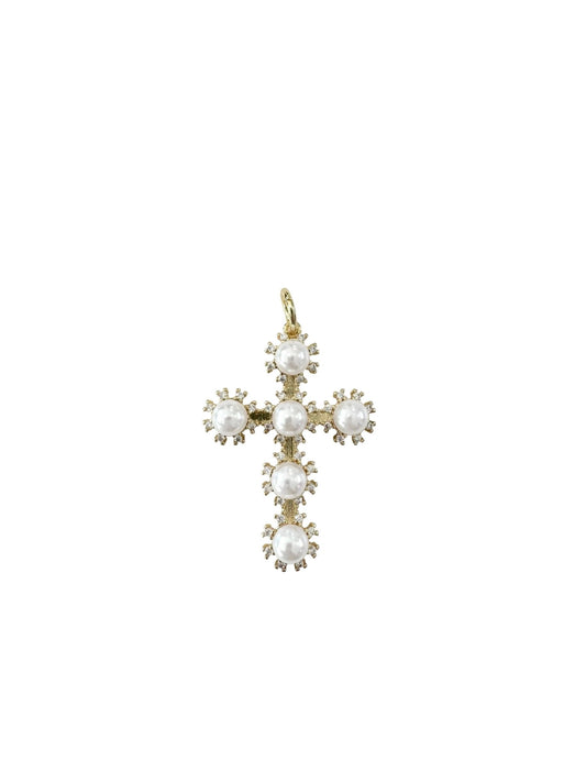 Gold Cross with Pearls Scarf Charm - Pearl Cross - KJ Clothier