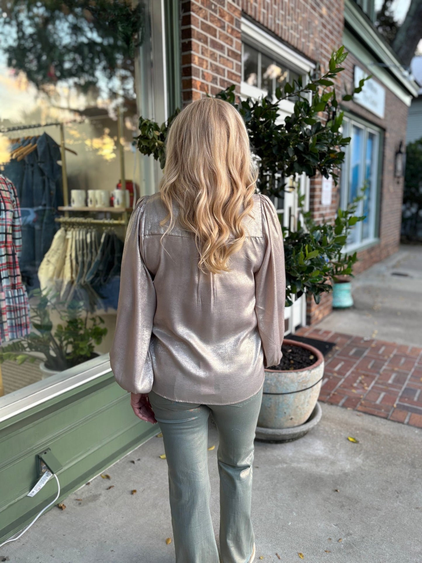 Henley Neck Long Balloon Sleeve Metallic Blouse Top - Gold - KJ Clothier