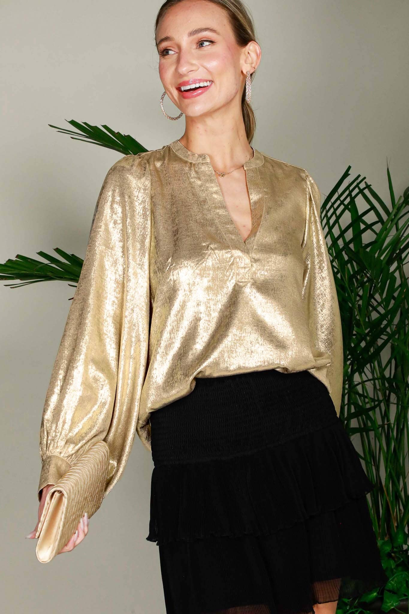 Henley Neck Long Balloon Sleeve Metallic Blouse Top - Gold - KJ Clothier