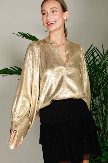 Henley Neck Long Balloon Sleeve Metallic Blouse Top - Gold - KJ Clothier
