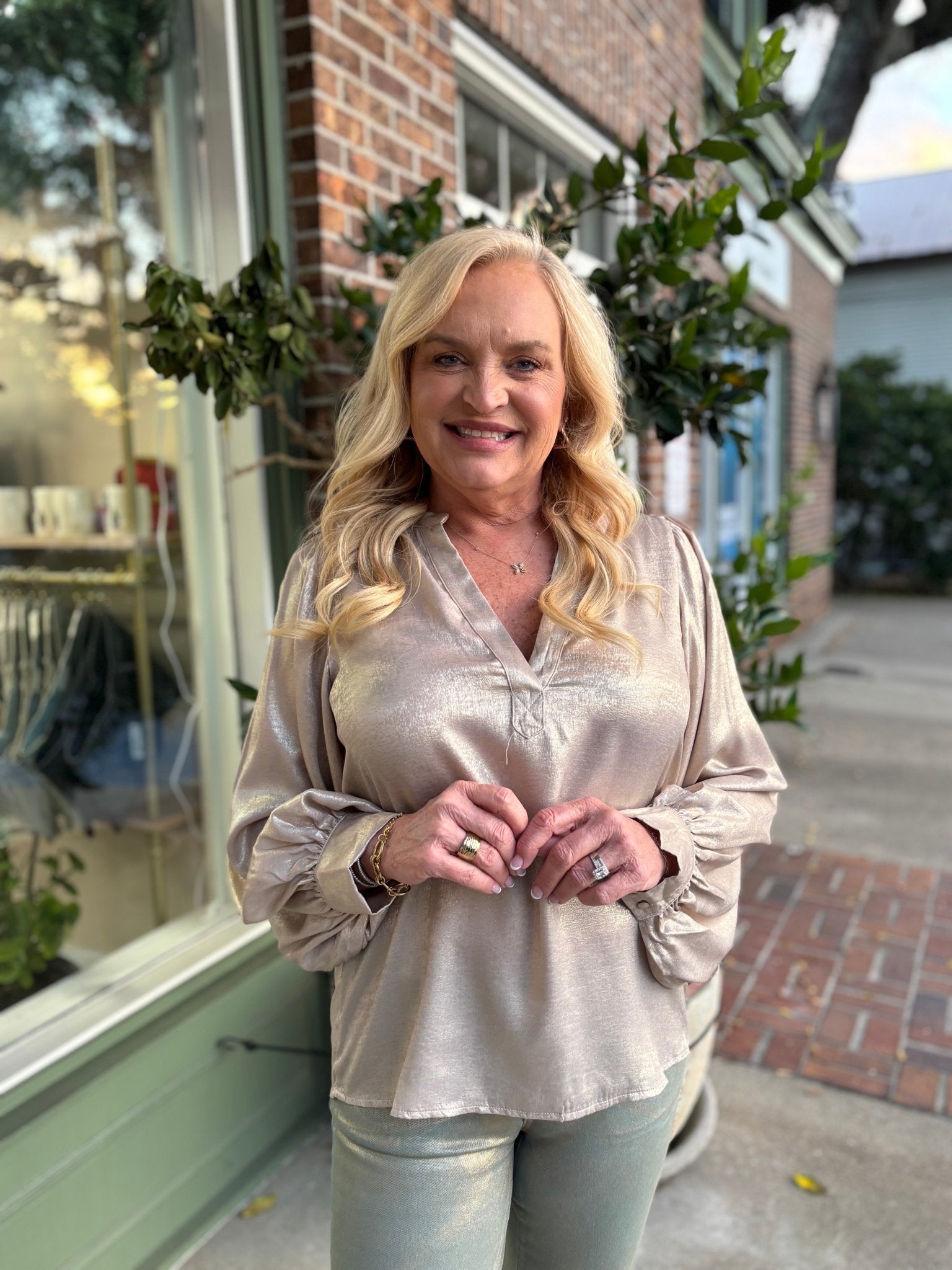 Henley Neck Long Balloon Sleeve Metallic Blouse Top - Gold - KJ Clothier